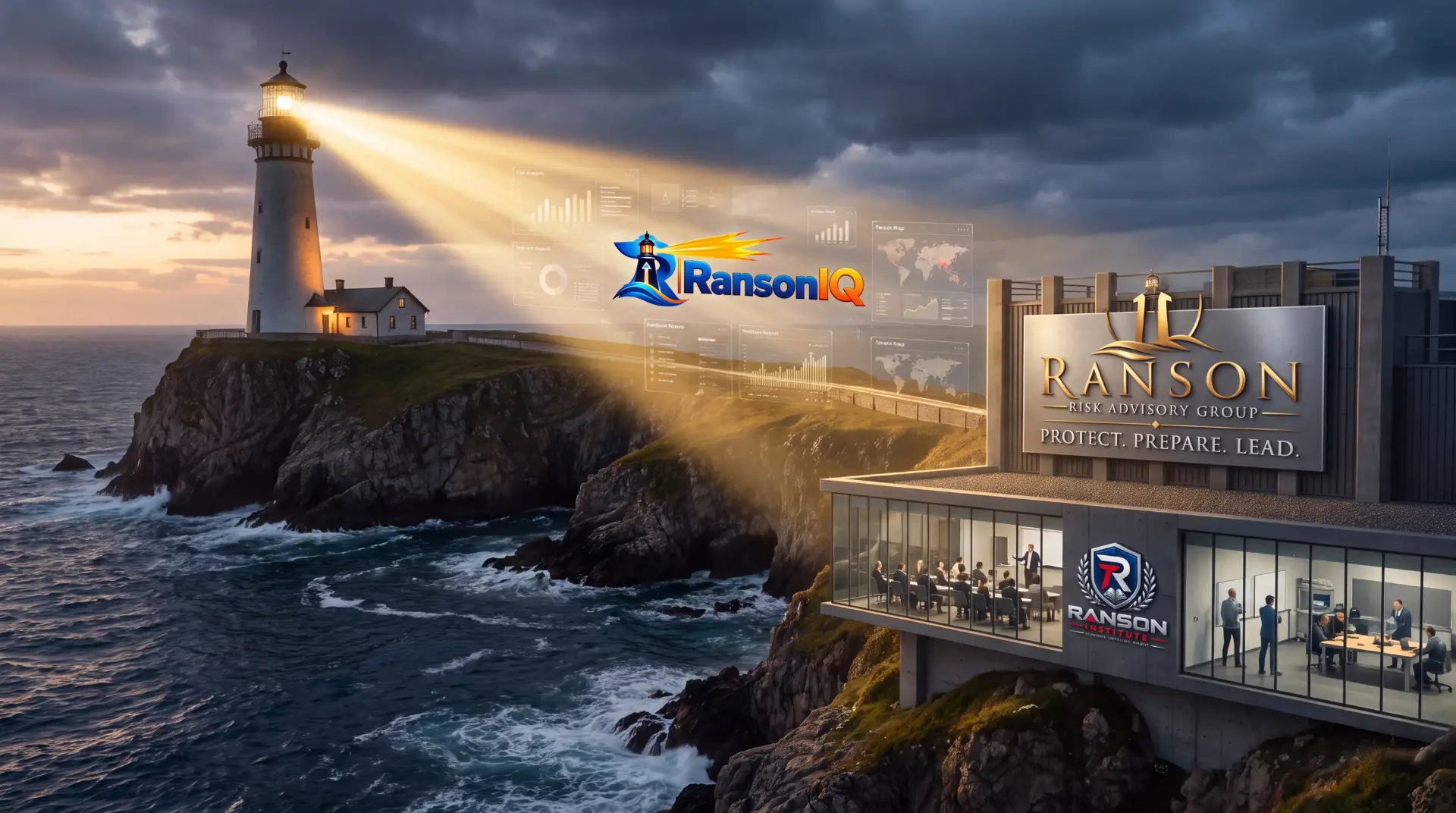 A lighthouse illuminating the Ranson Ecosystem, connecting Ranson Risk Advisory Group, RansonIQ and Ranson Institute along the coast